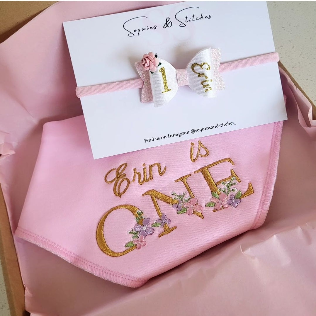 First birthday bib & bow set ( gold font)
