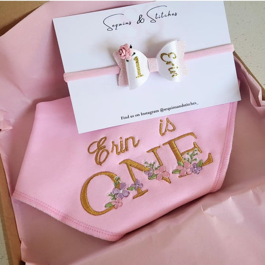 First birthday bib & bow set ( gold font)