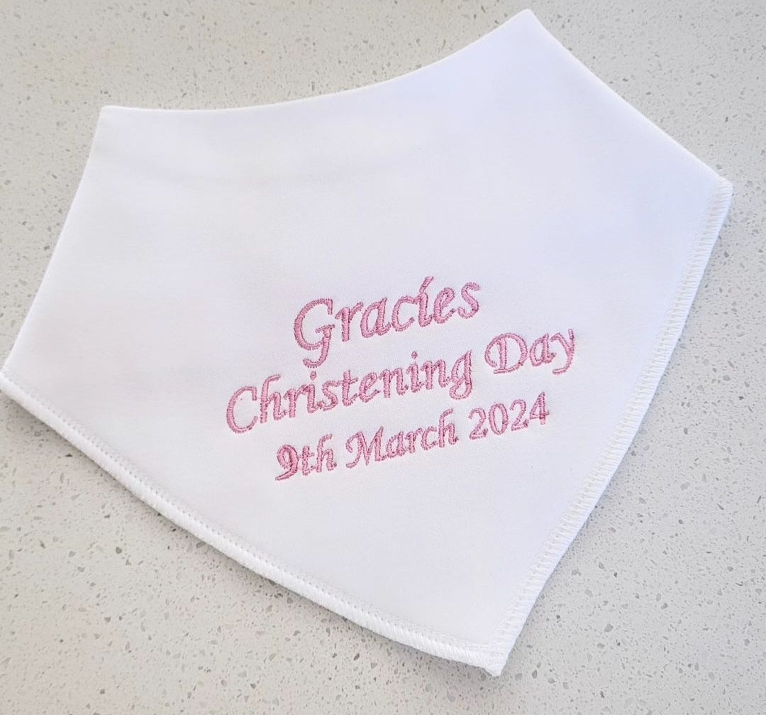 white personalised christening day bib