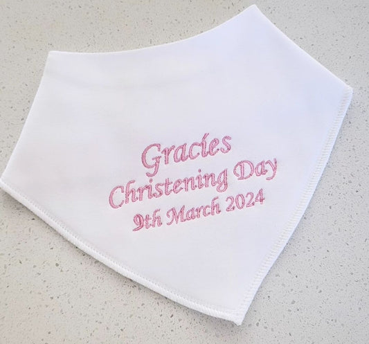 white personalised christening day bib