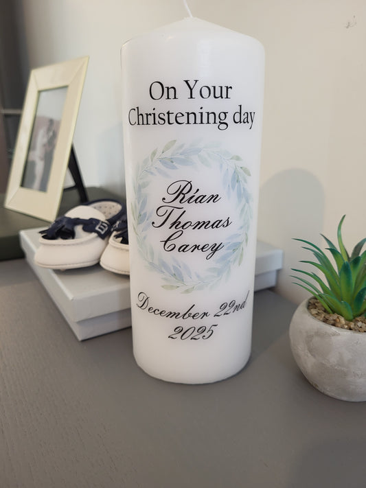 Blue wreath christening candle ( no photo)