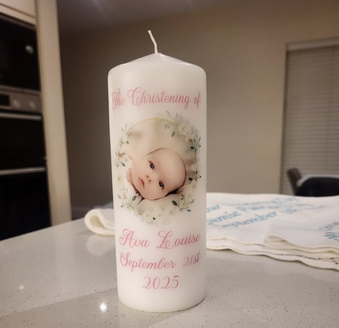 Personalised pink stlye Christening candle with photo