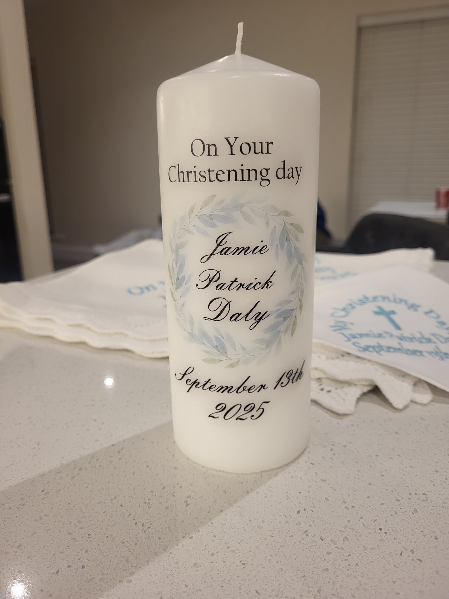 Blue wreath christening candle ( no photo)