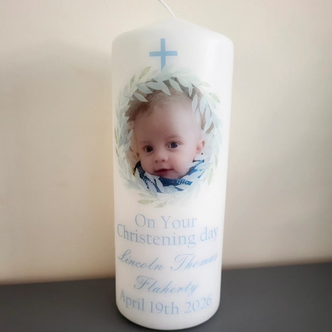 Christening candle blue wreath style.