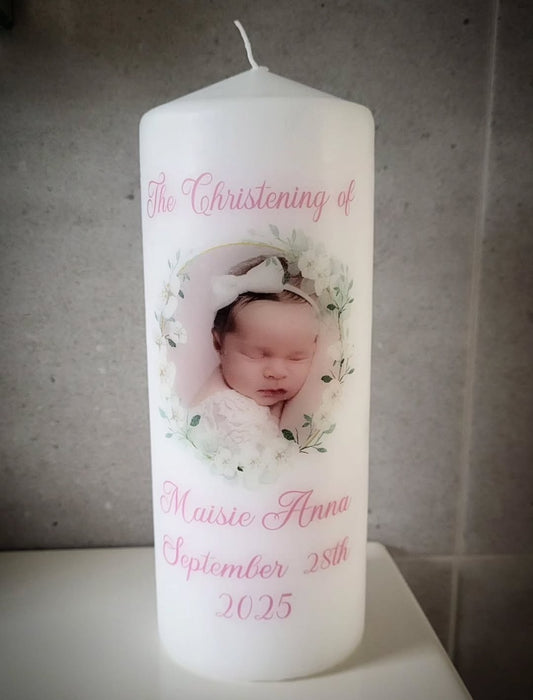 Personalised pink stlye Christening candle with photo