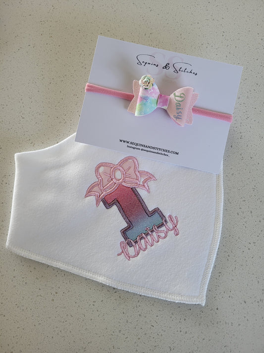 Personalied birthday bib & bow set