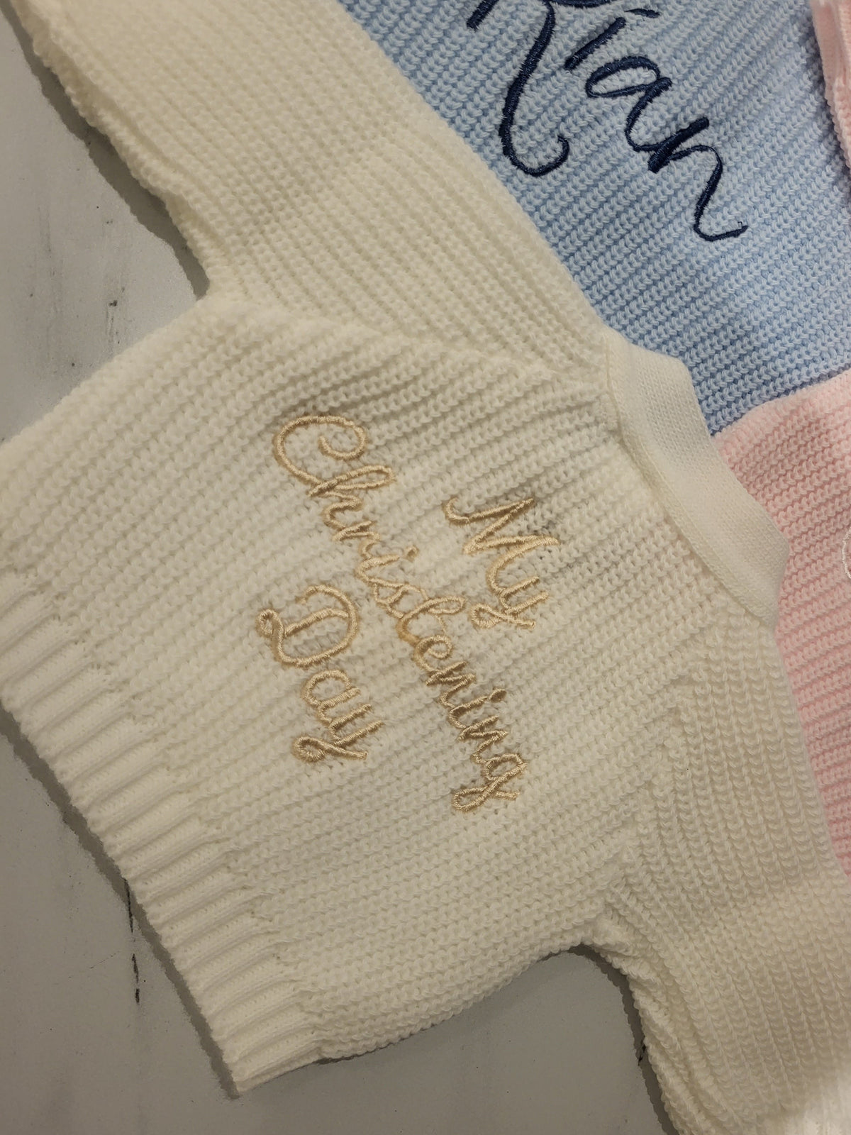 White 'my christening day' cardigan