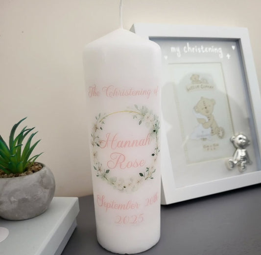 Personalised pink christening candle.