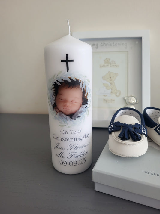 Christening candle blue wreath style.